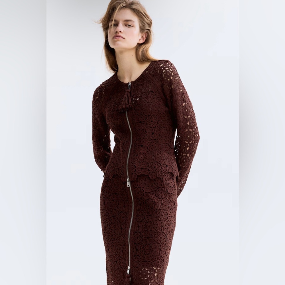 H&M NWT CROCHET-LOOK CHOCOLATE BROWN CARDIGAN SIZE SMALL